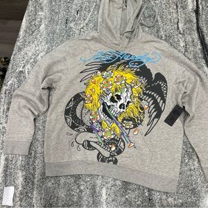 Ed Hardy Gray and Yellow Graphic Sweatshirt